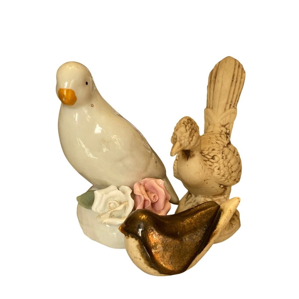 3 Ceramic Bird Figurine Floral Detail Ivory Toned Accent Home Decor Vtg